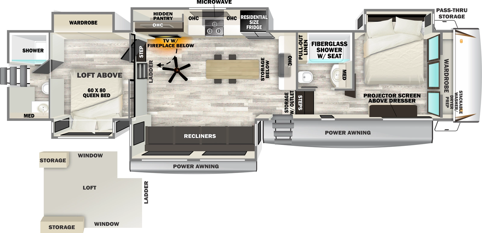 The Sabre 36DBB floorplan has one entry and five slide outs. Exterior features include: fiberglass exterior and 10'6" & 16' awning. Interiors features include: loft, kitchen island, front bedroom, rear bathroom and two full bathrooms.